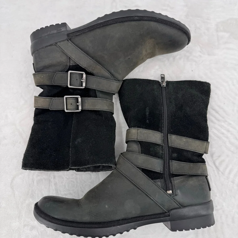 Ugg Lorna Black Boots Waterproof Genuine Leather Wool Lined 8.5” Shaft Size 8.5